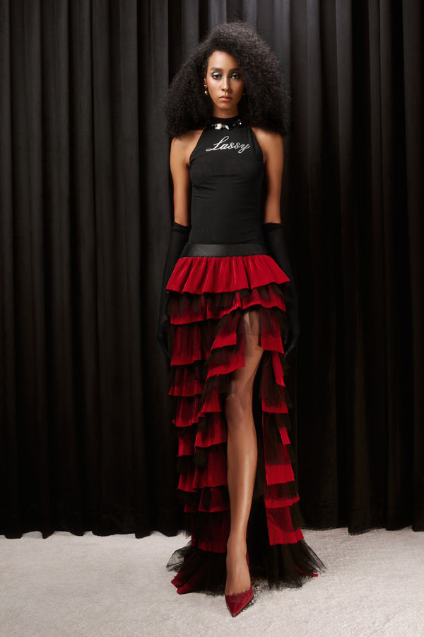 Jenesis Layered Side Slit Mesh Spandex Floor Length Skirt