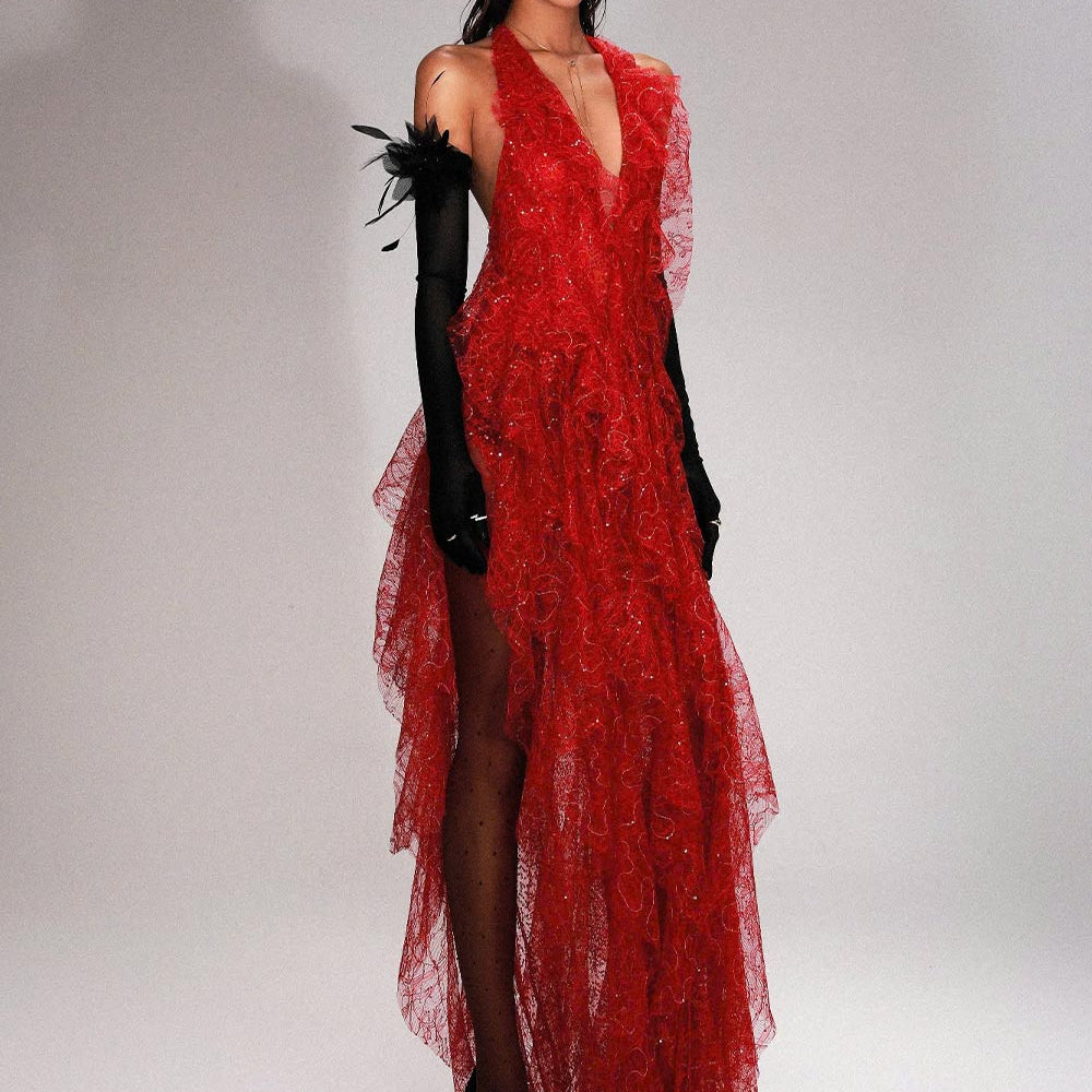 Anahi Slit Ruffle Layer Mesh Floor Length Dress