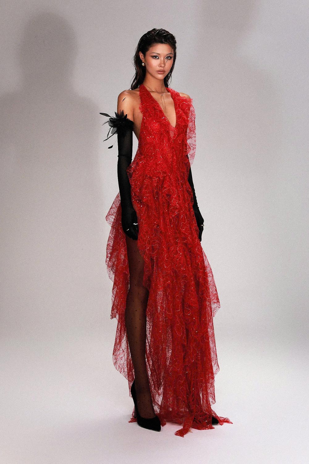 open lace back dress Women's Anahi Slit Ruffle Layer Mesh Floor Length Dress XXS/XS/S/M/L/Customize Red Mean Blvd Red / Xs