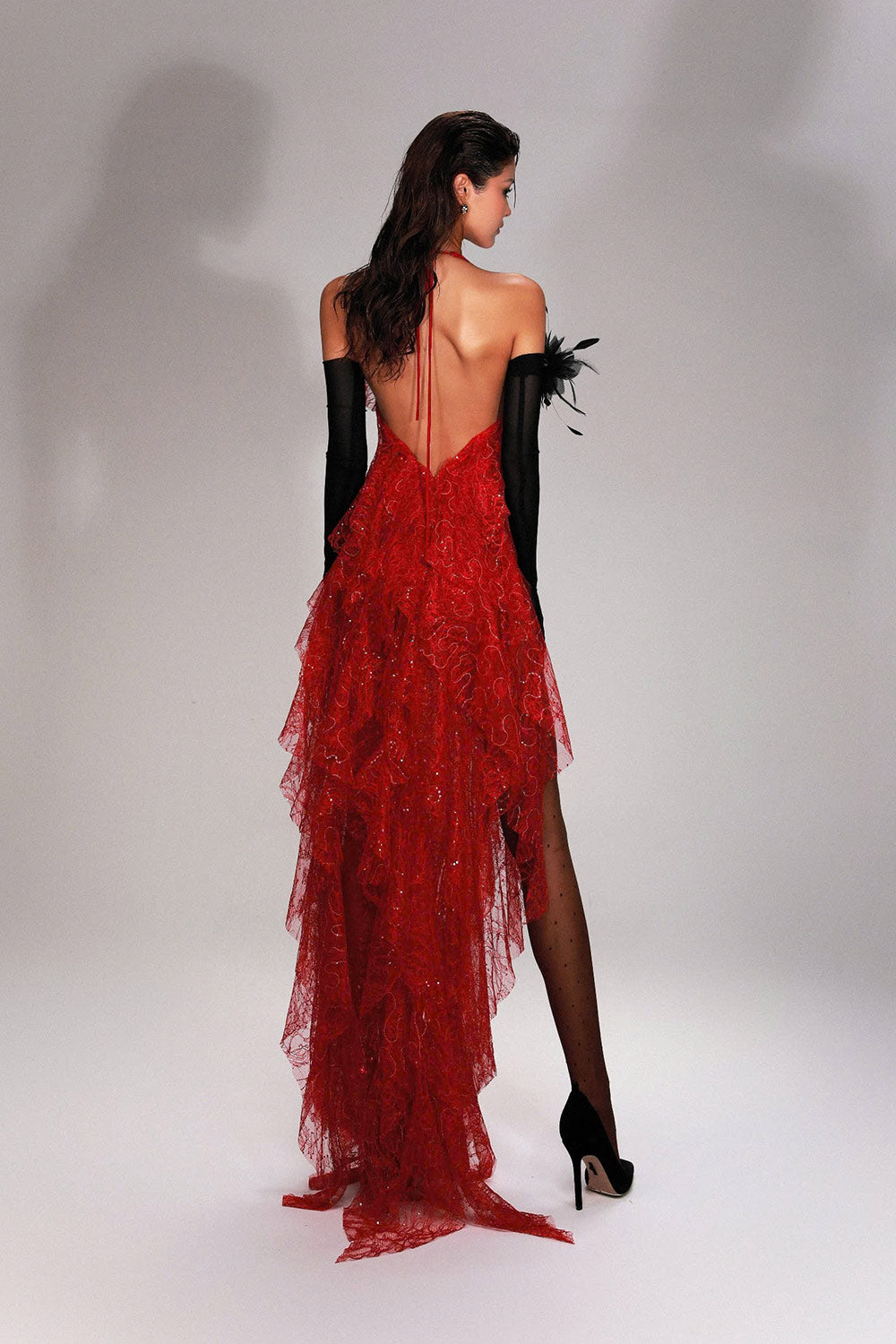 Anahi Slit Ruffle Layer Mesh Floor Length Dress