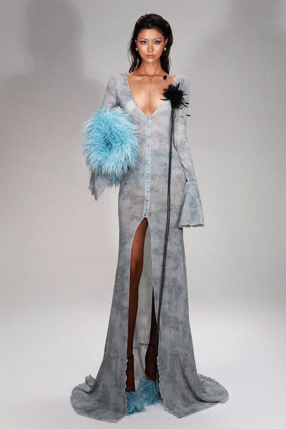 Blakely Trumpet Front Slit Spandex Extra Long Length Dress