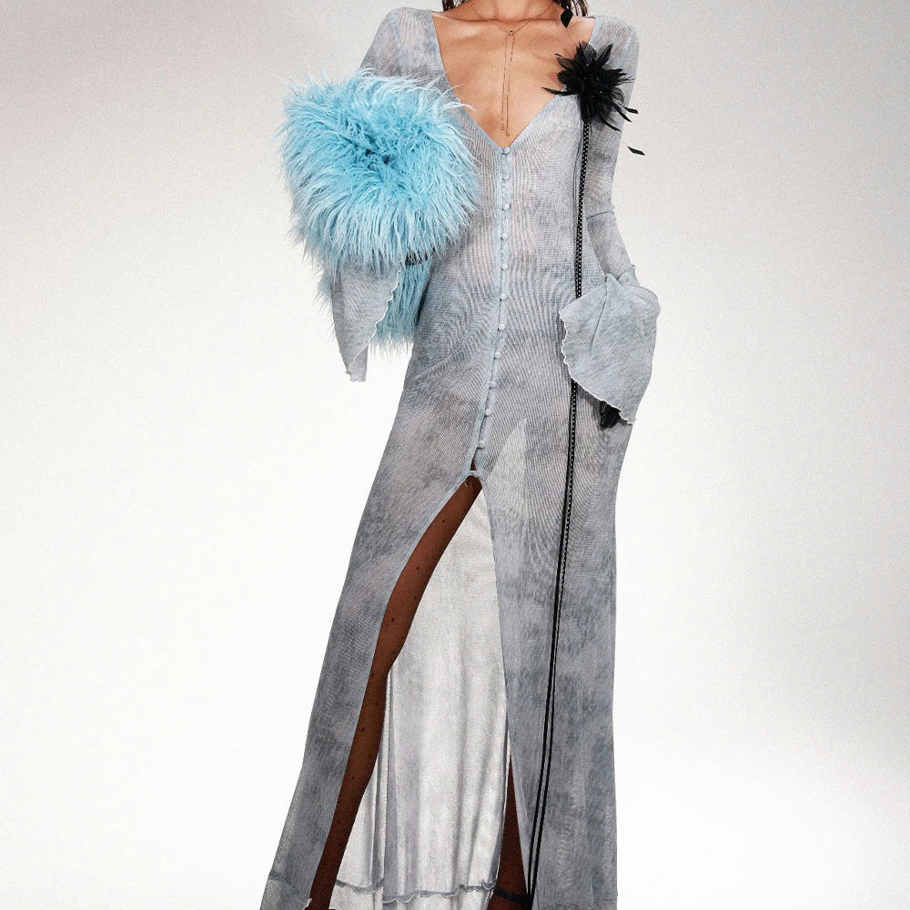 Blakely Trumpet Front Slit Spandex Extra Long Length Dress