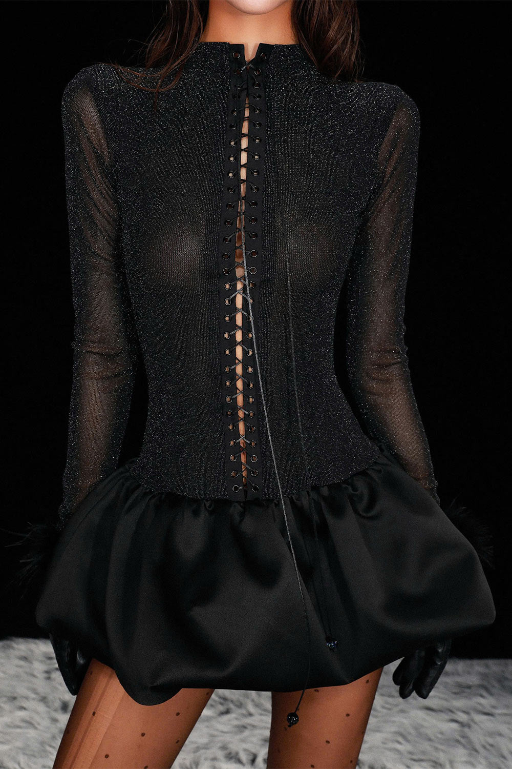 Women's Aylin Drop Waist Tie String Mesh Spandex Mini Dress XXS/XS/S/M/L/Customize Metallic Black MEAN BLVD Metallic Black / L Women's Aylin Drop Waist Tie String Mesh Spandex Mini Dress XXS/XS/S/M/L/Customize Metallic Black MEAN BLVD Metallic Black / L