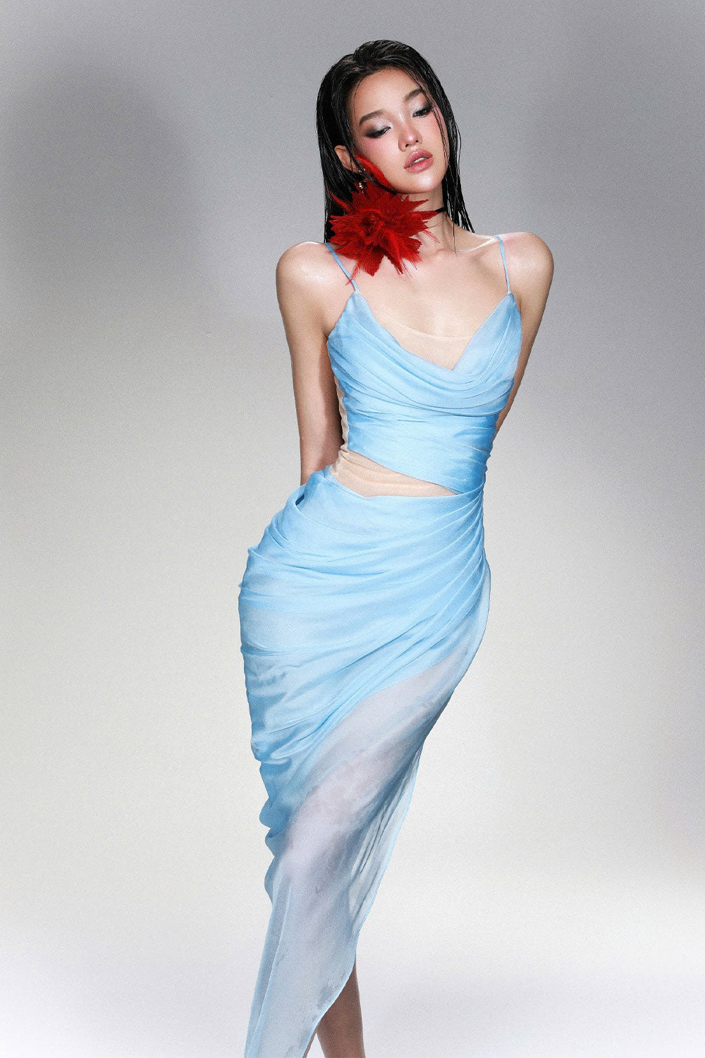 Harrell Asymmetric Pleated Mesh Spandex Floor Length Dress