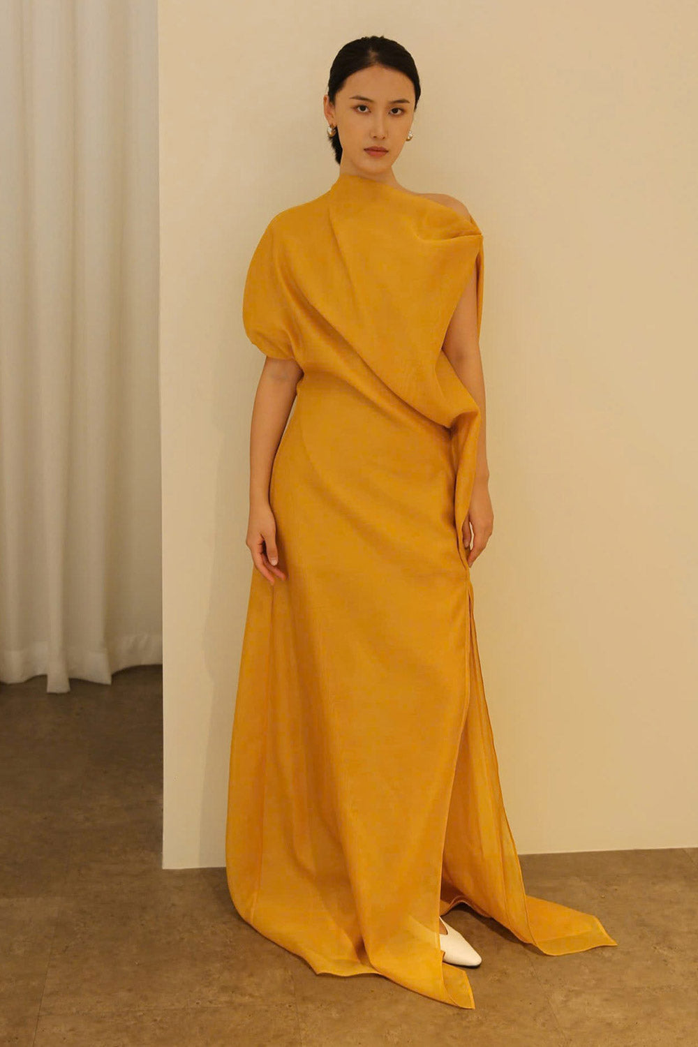 Anh Kim Asymmetric Front Slit Silk Organza Floor Length Dress