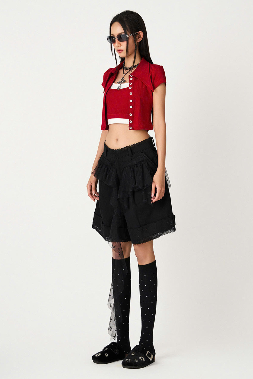 Yumi A-line Ruffled Jean Knee-length Shorts