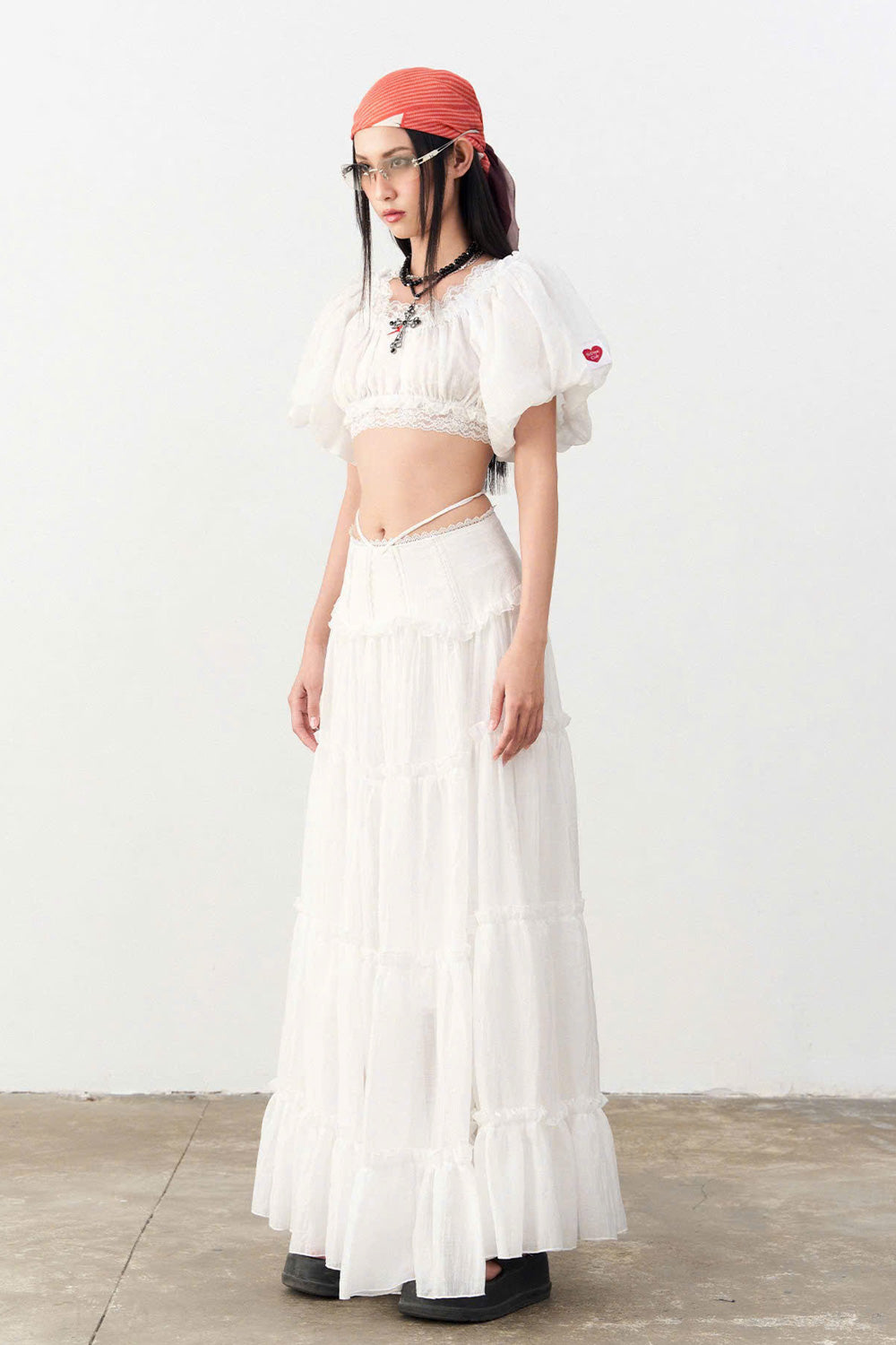 Wetsy Blouson Bubble Sleeved Denim Crop Top