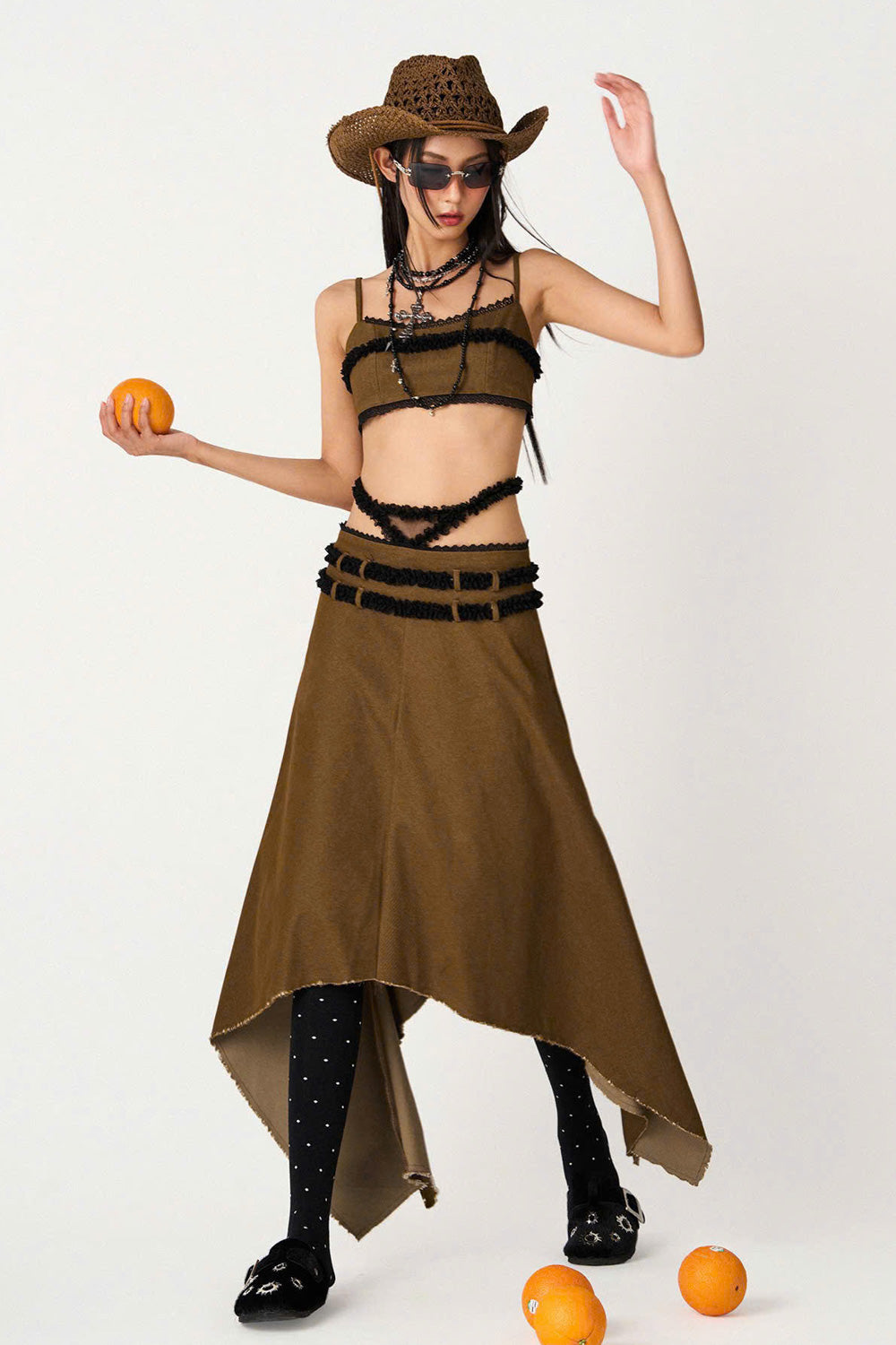 Lucia A-line High Waist Khaki High-low Skirt