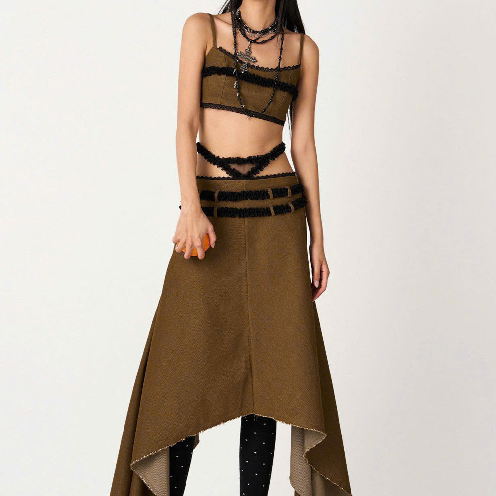 Lucia A-line High Waist Khaki High-low Skirt