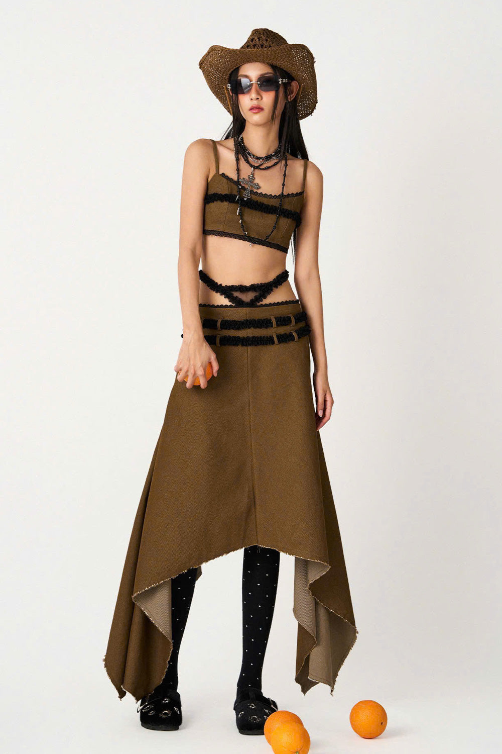 Lucia A-line High Waist Khaki High-low Skirt