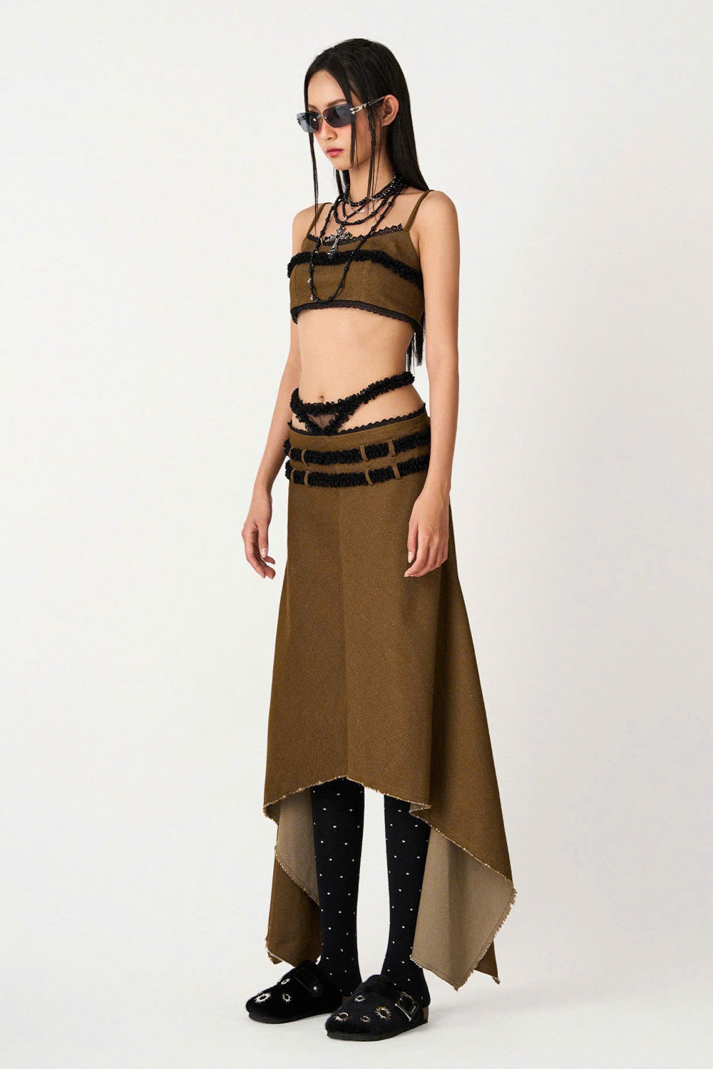 Lucia A-line High Waist Khaki High-low Skirt