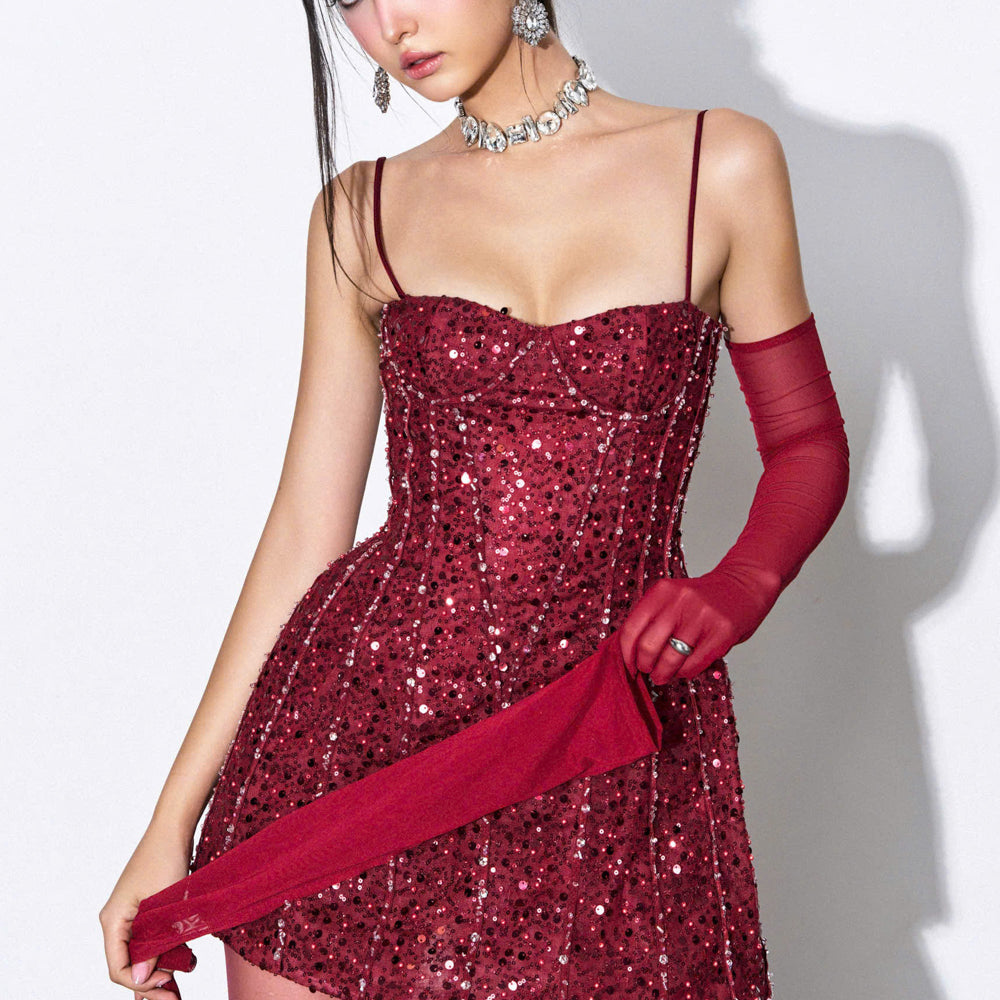 Voux A-line Spaghetti Strap Sequin Mini Dress