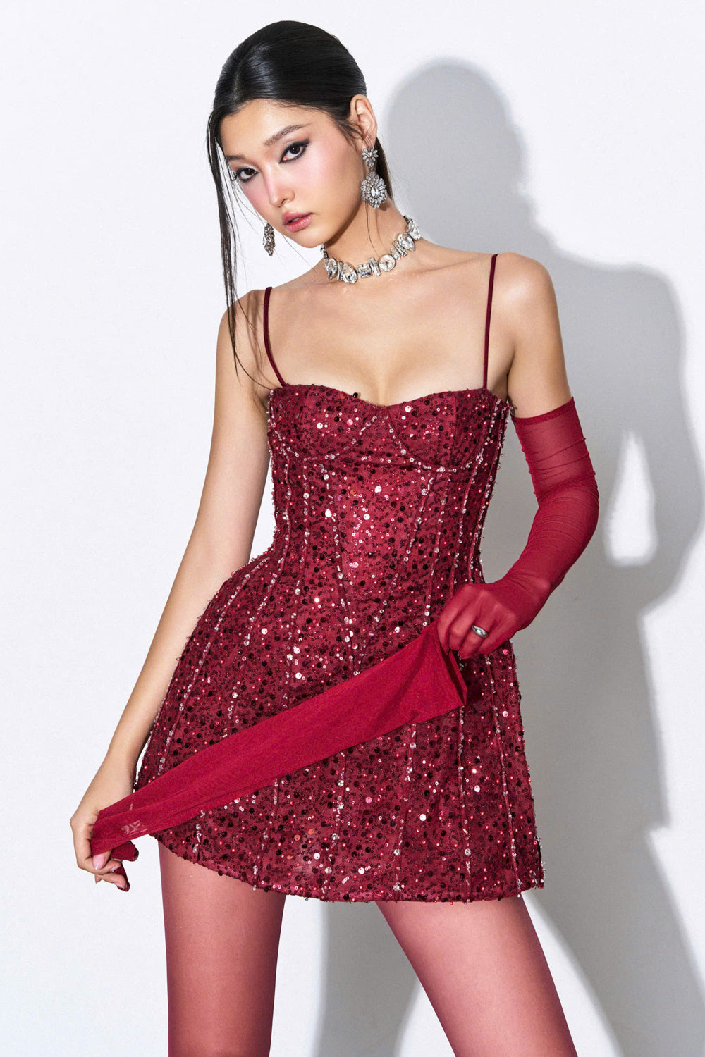 Women's Voux A-Line Spaghetti Strap Sequin Mini Dress XXS/XS/S/M/L/Customize Burgundy Mean Blvd, Burgundy / XXS