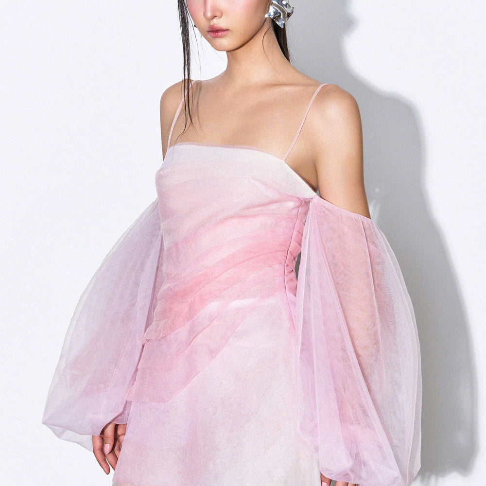 Rive Blouson Cold Shoulder Sleeved Tulle Mini Dress