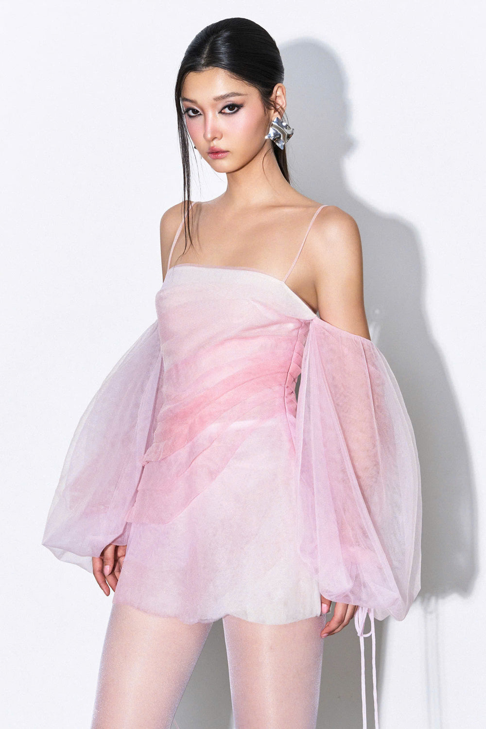 Rive Blouson Cold Shoulder Sleeved Tulle Mini Dress