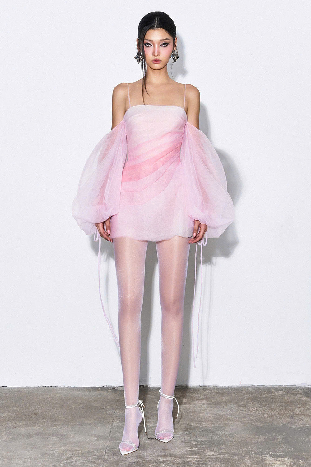 Rive Blouson Cold Shoulder Sleeved Tulle Mini Dress