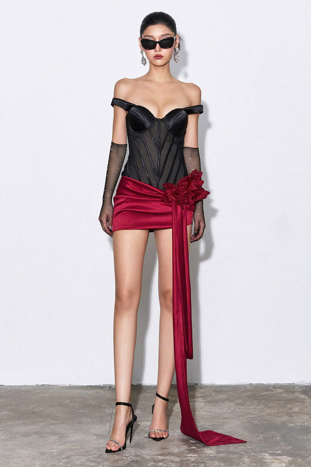 Noir Bodycon Off-Shoulder Mesh Silk Corset