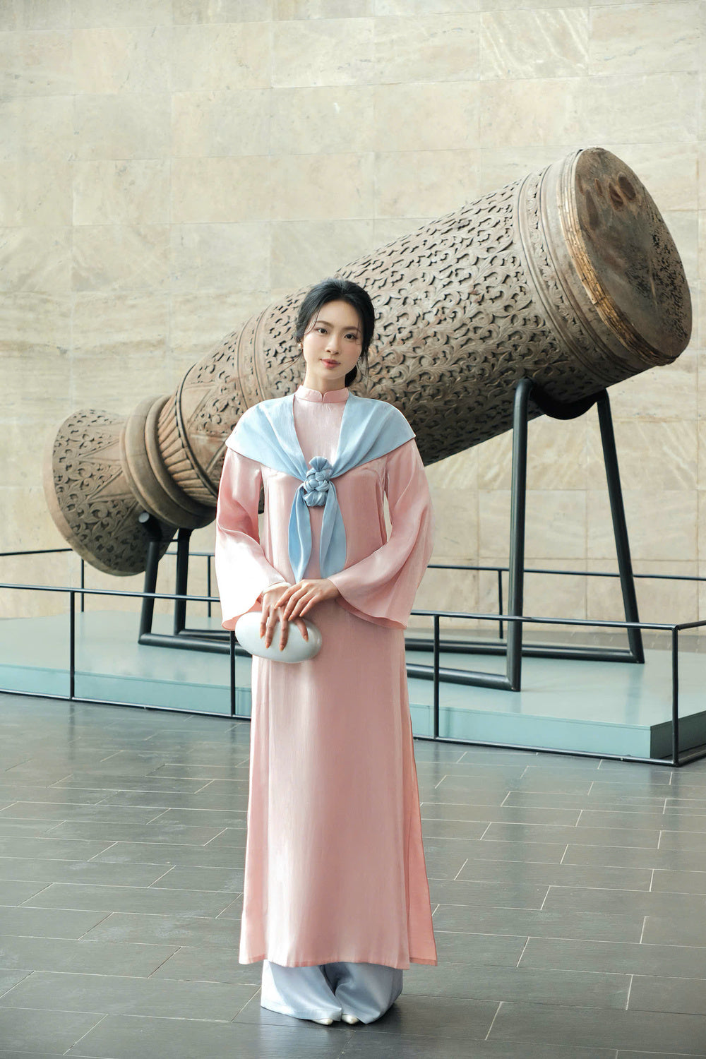 Phuc Mien Mandarin Neck Synthetic Silk Ao Dai Set