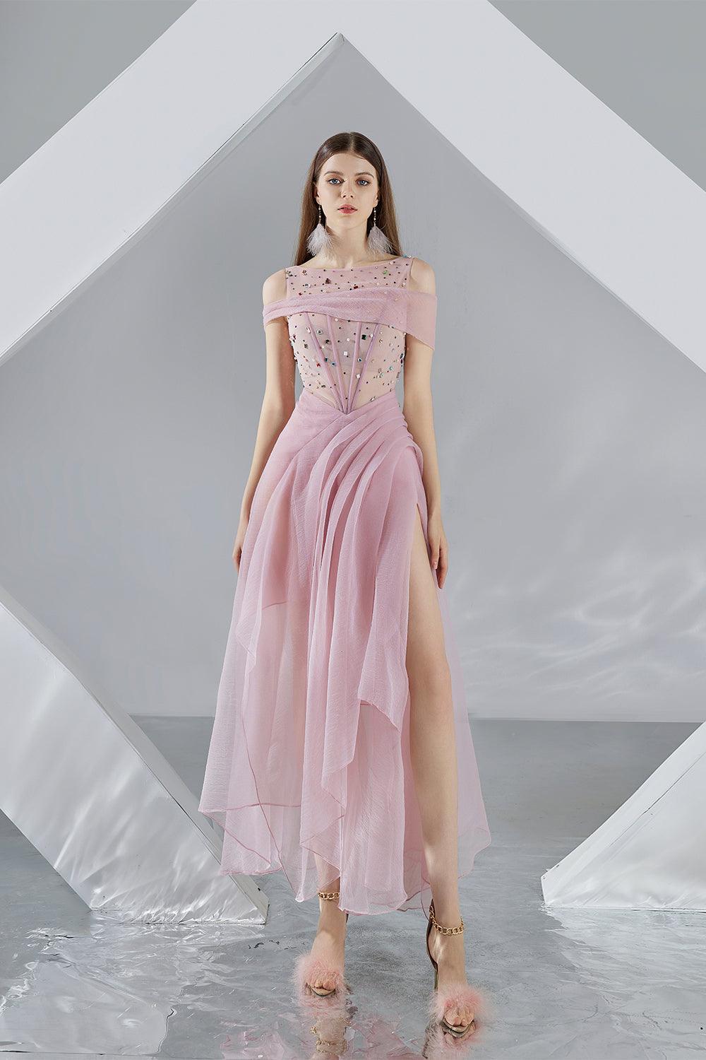 pink open shoulder dress Zariyah Slit Open Shoulder Organza Midi Dress