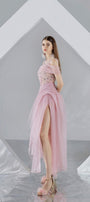 Zariyah Slit Open Shoulder Organza Midi Dress - MEAN BLVD