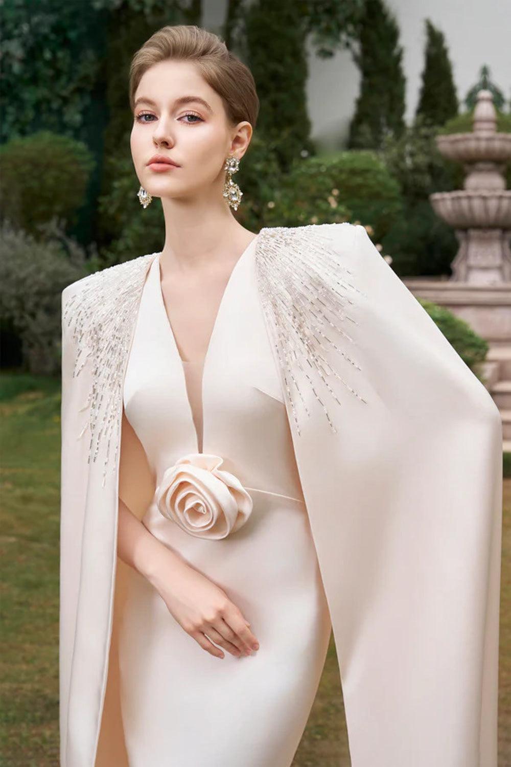 Zendaya Cape V-Neck Silk Floor Length Dress - MEAN BLVD