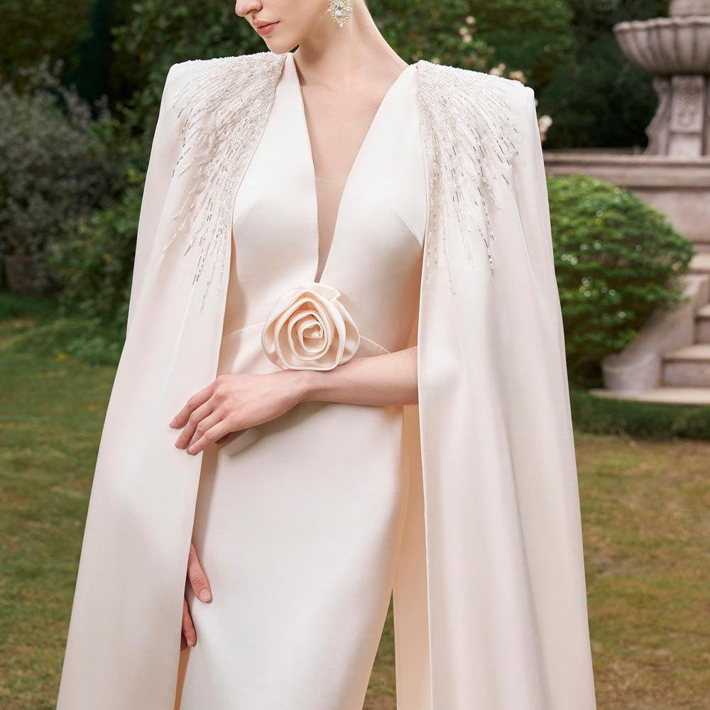 Zendaya Cape V-Neck Silk Floor Length Dress - MEAN BLVD