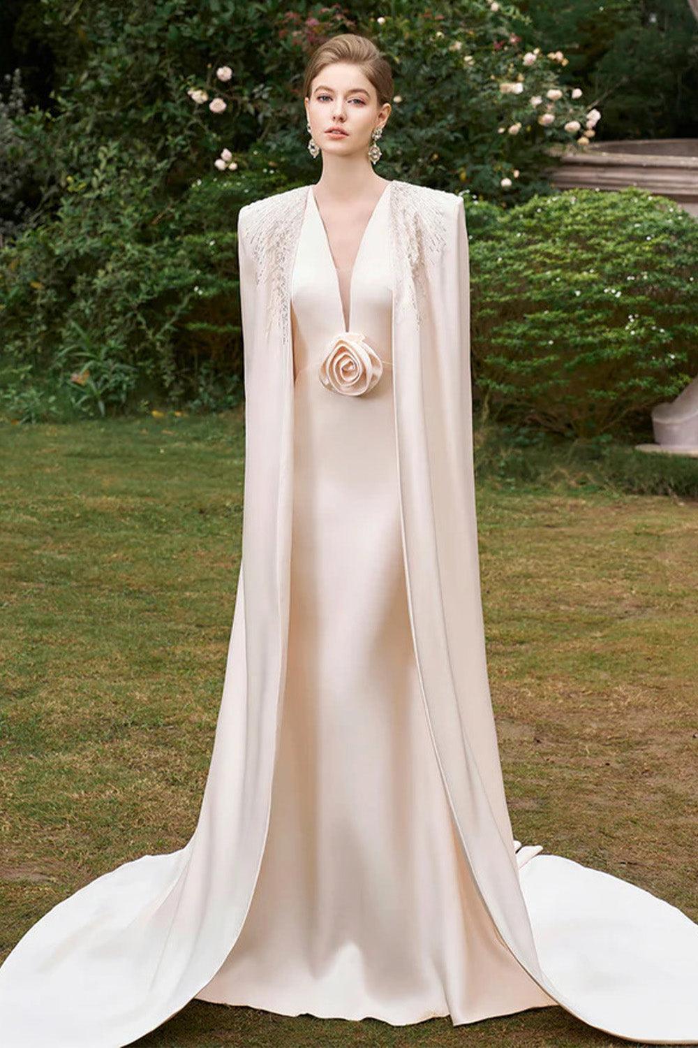 Zendaya Cape V-Neck Silk Floor Length Dress - MEAN BLVD