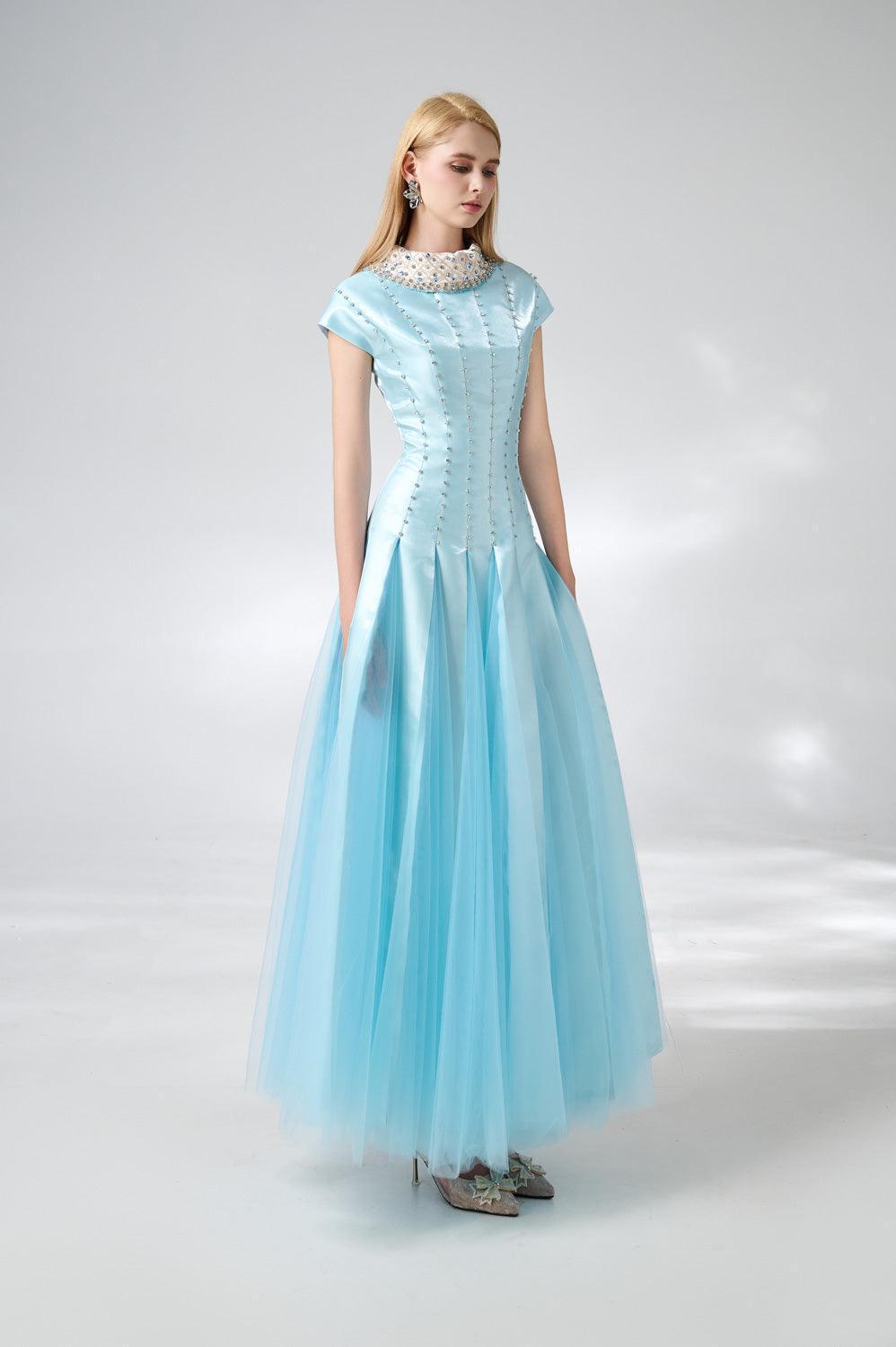 Zuniga Gored High Neck Mesh Silk Maxi Dress - MEAN BLVD