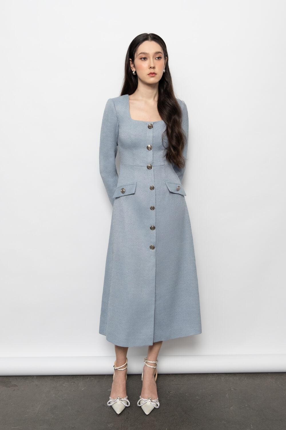 Abigail A-line Square Neck Tweed Midi Dress MEAN BLVD