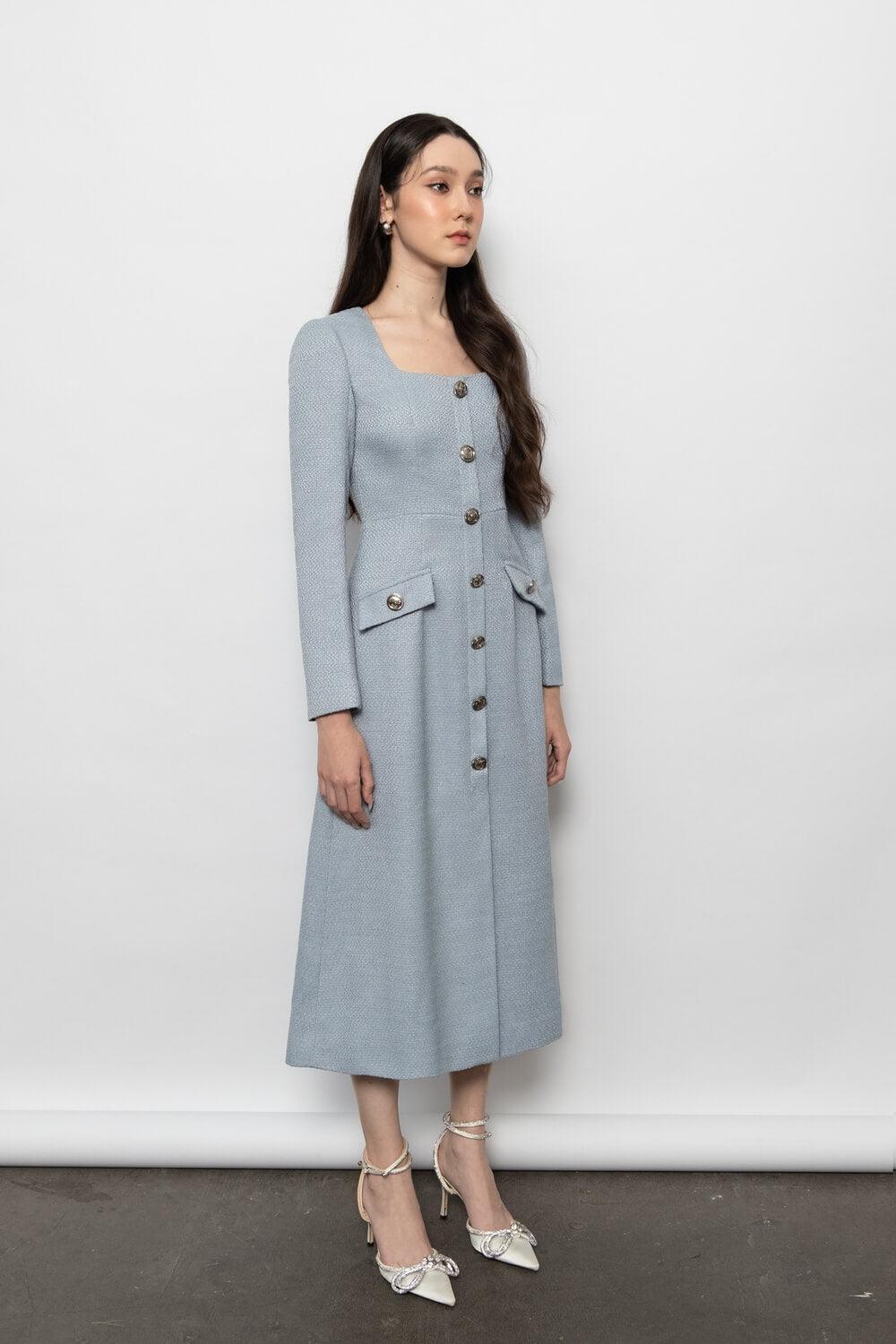 Abigail A-line Square Neck Tweed Midi Dress MEAN BLVD