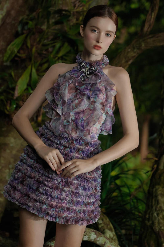 Acacia Halter Ruffled Chiffon Mini Dress MEAN BLVD