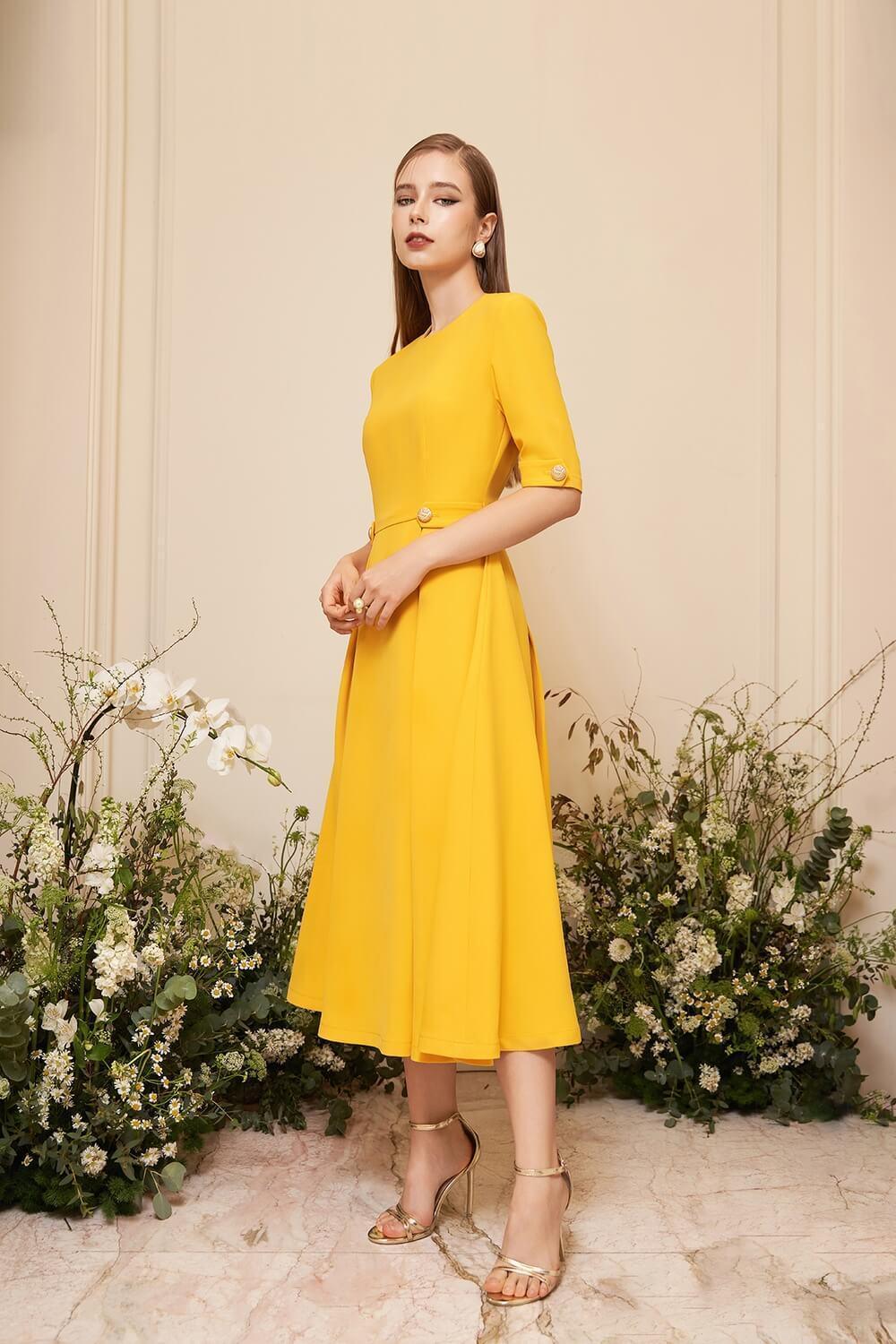 Adaline Fit and Flare Round Neck Cavalry Twill Midi Dress MEAN BLVD