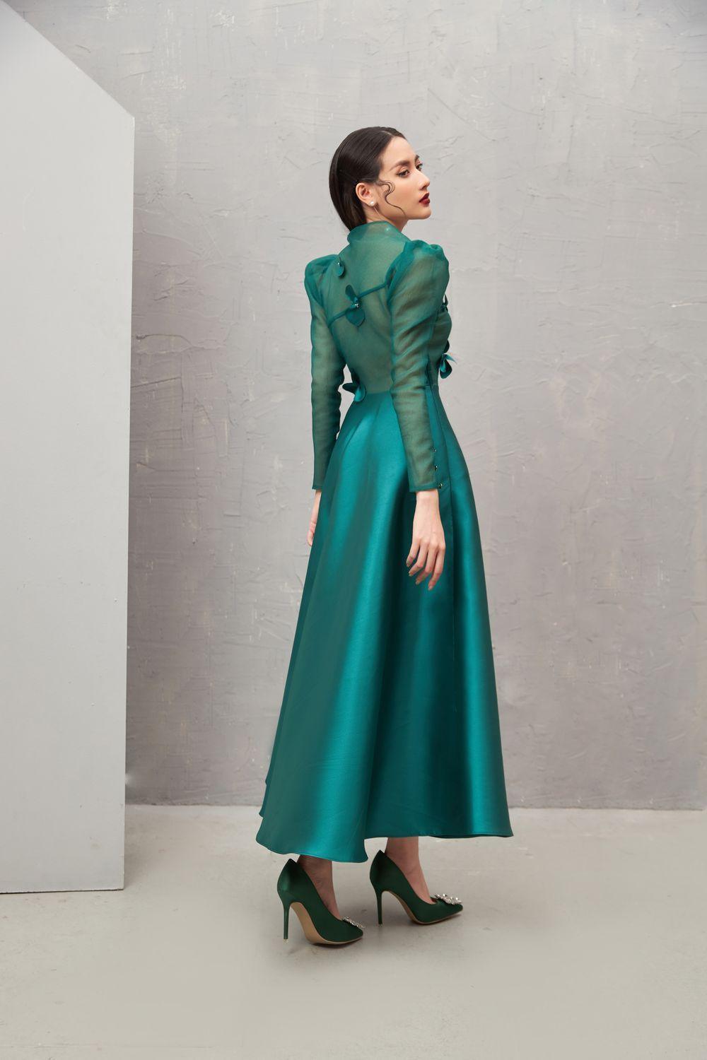 green emerald velvet dress Women's Adelaide Fit and Flare Long Sleeved Taffeta Midi Dress XS/S/M/L/XL Green Mean Blvd XL / Green