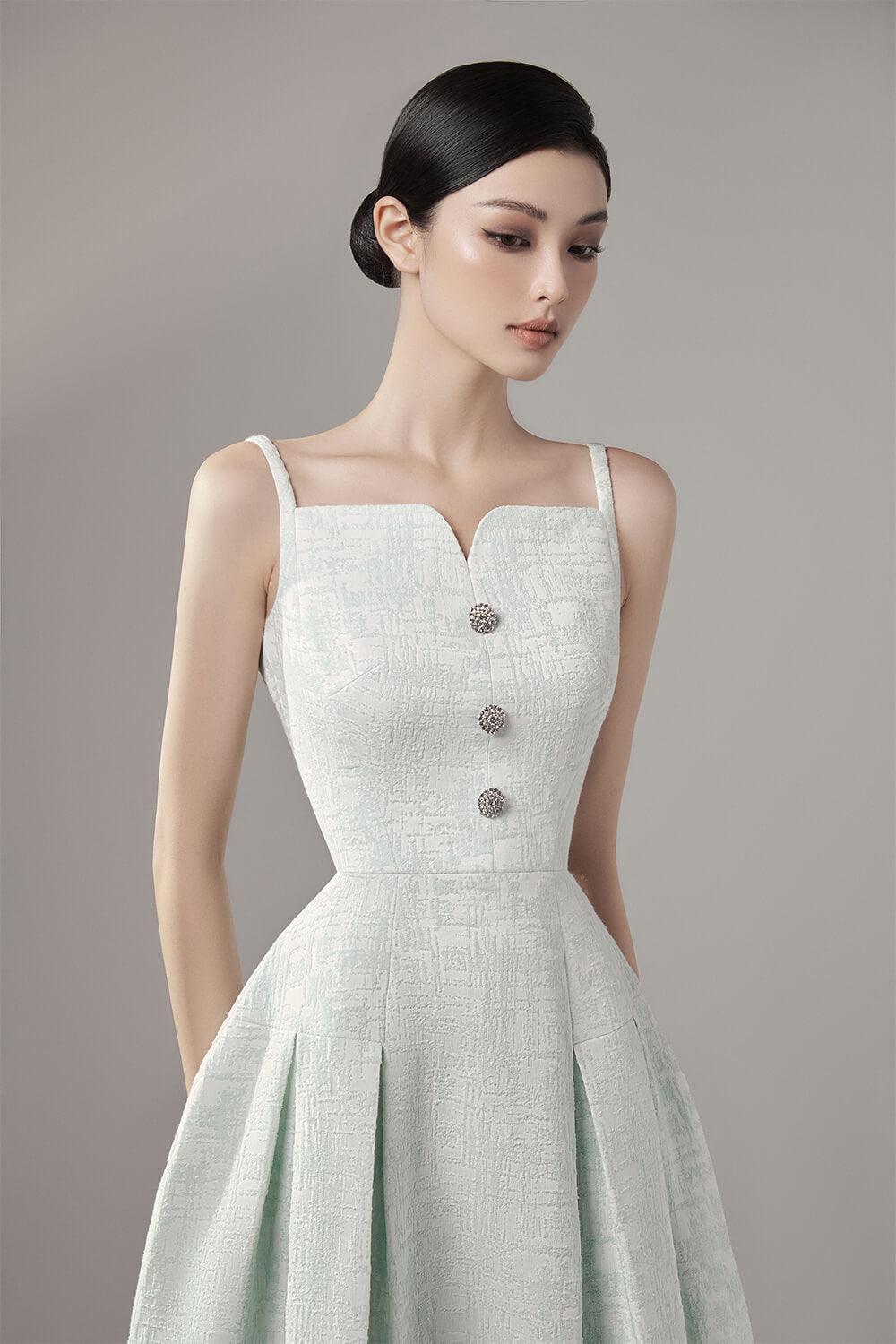 Alouette Fit and Flare Camisole Jacquard Midi Dress S / Glaucous Green