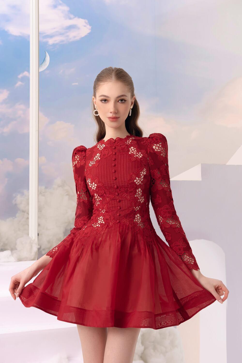alva mini dress Women's Alva Flared Long Sleeved Organza Mini Dress S/M/L Red MEAN BLVD, S / Red