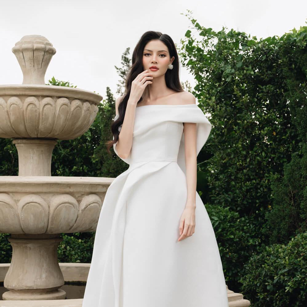 Amberly Fit and Flare Off-Shoulder Taffeta Below The Knee Dress
