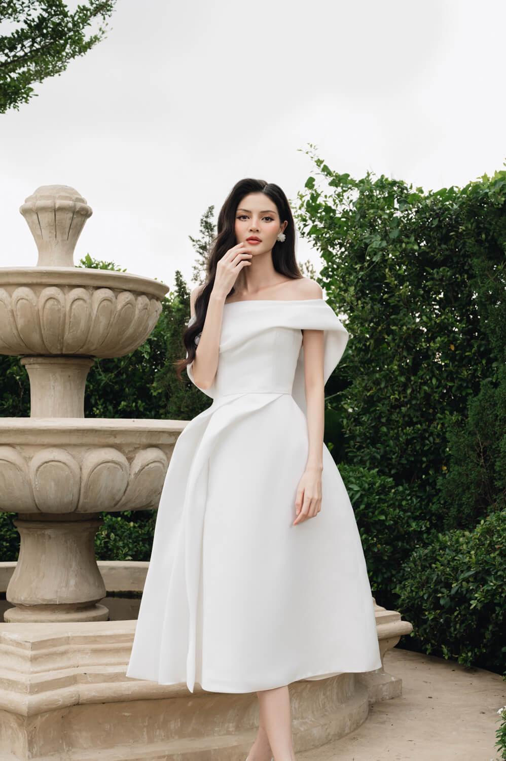 Women's Amberly Fit and Flare Off-Shoulder Taffeta Below The Knee Dress S/M/L White MEAN BLVD Customize / White Women's Amberly Fit and Flare Off-Shoulder Taffeta Below The Knee Dress S/M/L White MEAN BLVD Customize / White