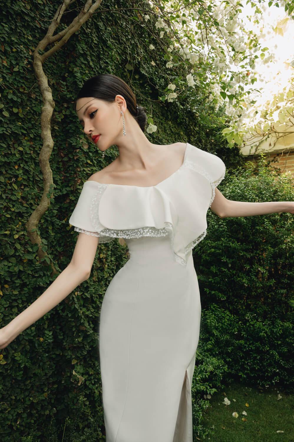 Amelia Slit Off-Shoulder Spandex Homespun Midi Dress - MEAN BLVD