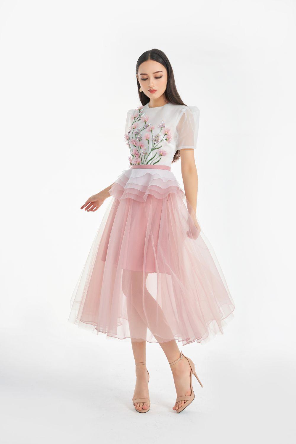 Women's Amity Peplum Puffy Sleeved Organza Midi Dress XS/S/M/L/XL Pink/Green Mean Blvd S / Pink