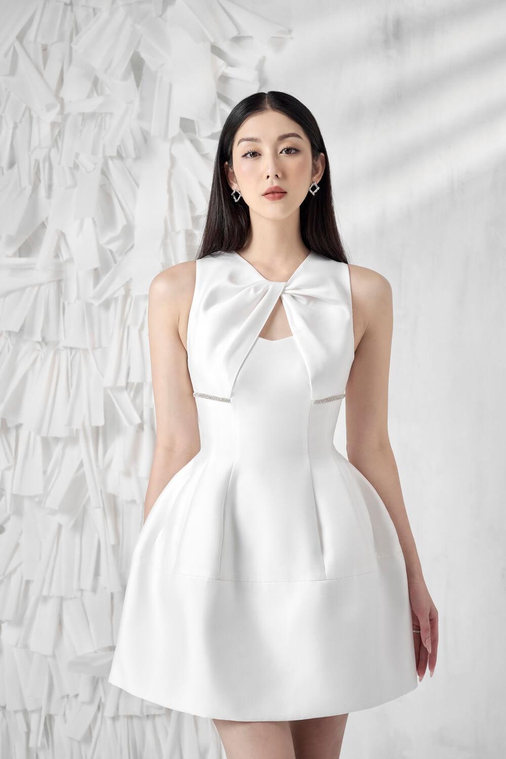 Women's Amity Puffy V-Neck Silk Taffeta Mini Dress S/M/L White/Yellow MEAN BLVD S / White Women's Amity Puffy V-Neck Silk Taffeta Mini Dress S/M/L White/Yellow MEAN BLVD S / White