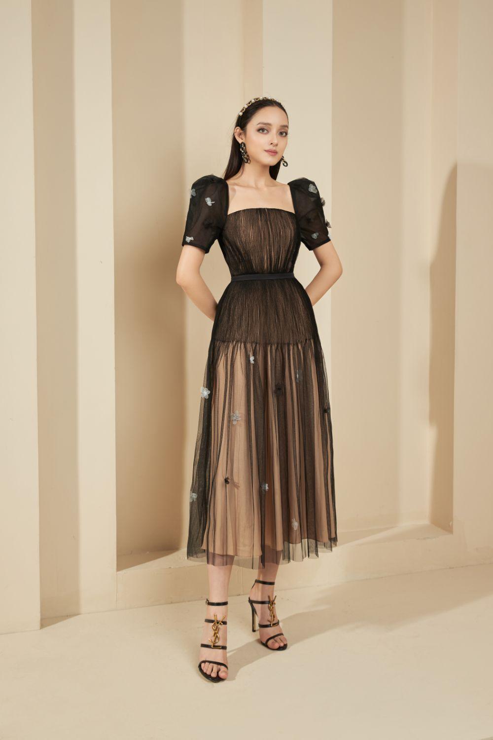 knee length dresses for ladies Sexy backless Embroidered Flower high waist slim mesh puffy dress 3724 main image 1