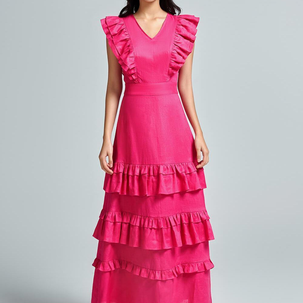 Anita A-line Ruffle Layer Linen Ankle Length Dress - MEAN BLVD