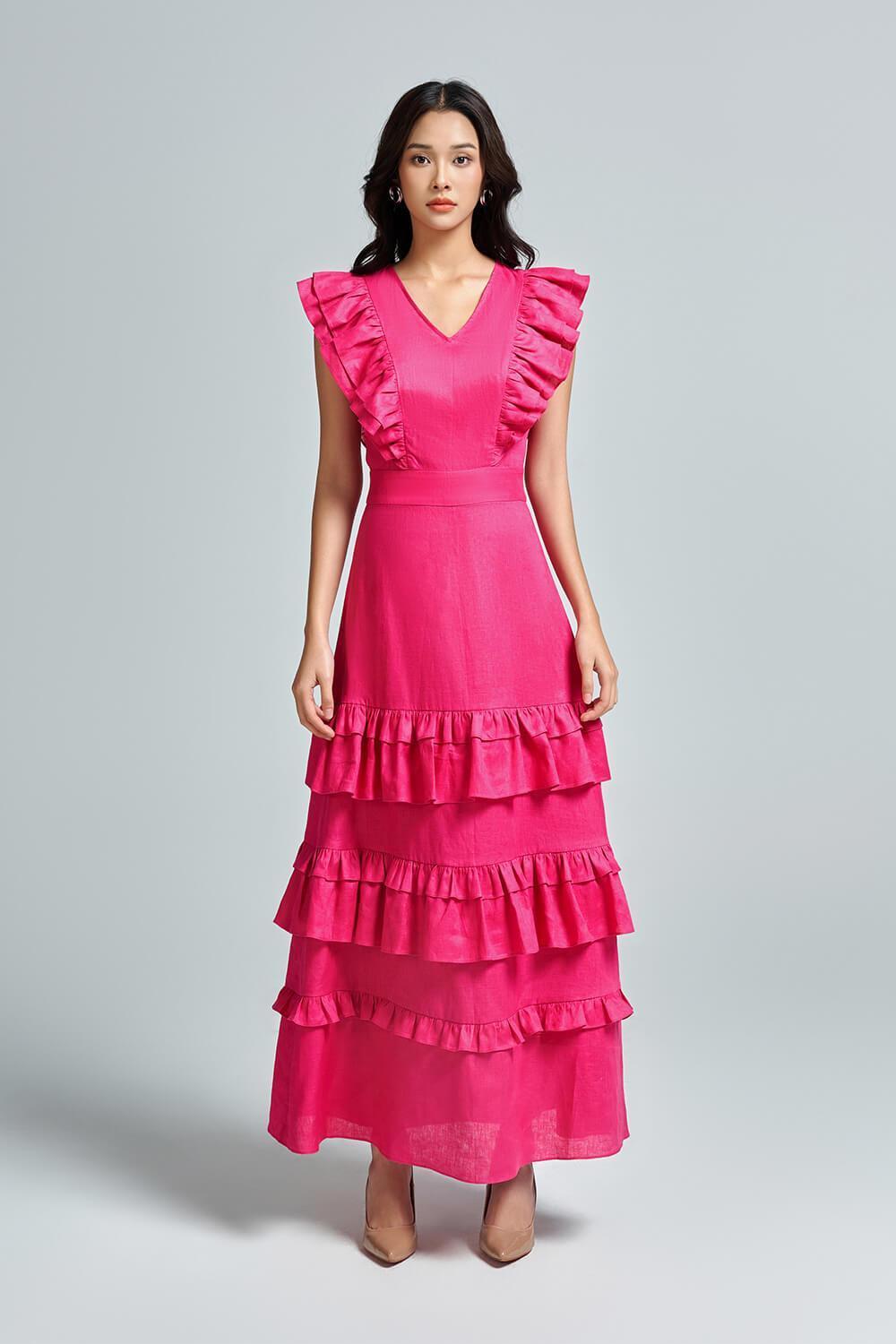 Anita A-line Ruffle Layer Linen Ankle Length Dress - MEAN BLVD