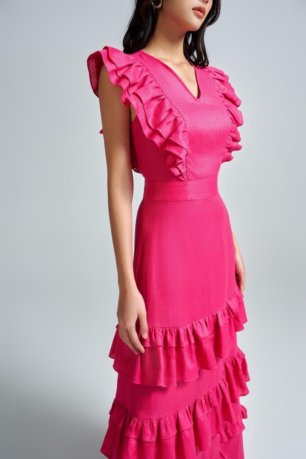 Anita A-line Ruffle Layer Linen Ankle Length Dress - MEAN BLVD