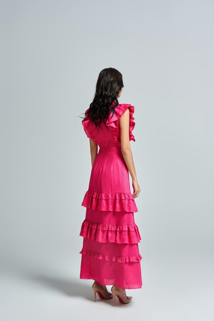 Anita A-line Ruffle Layer Linen Ankle Length Dress - MEAN BLVD