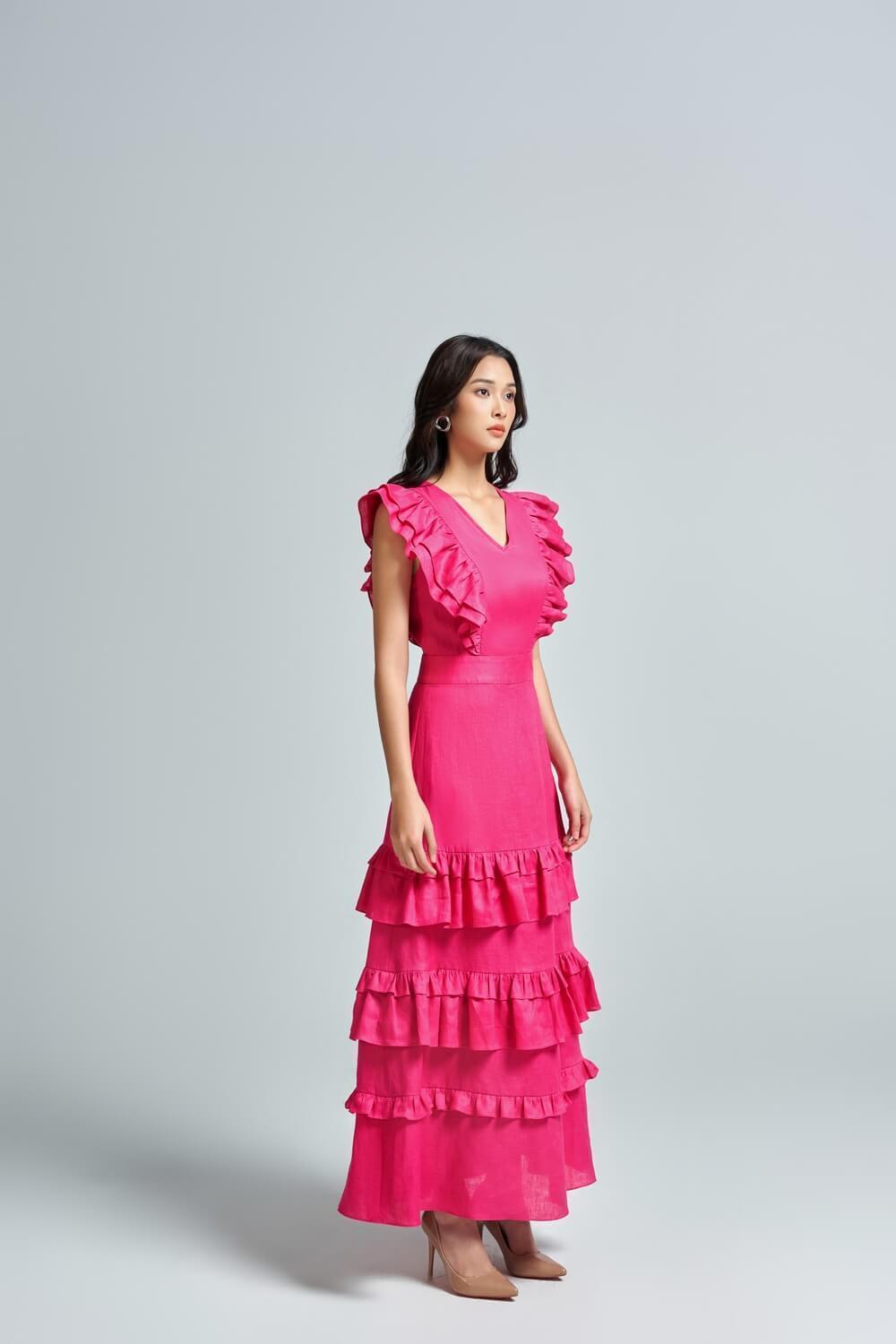Anita A-line Ruffle Layer Linen Ankle Length Dress - MEAN BLVD