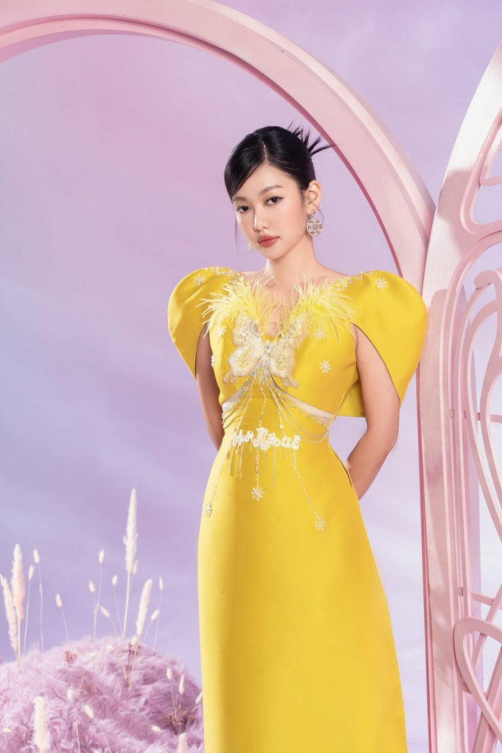 Apricot Fitted Cape Sleeved Taffeta Long Length Ao Dai MEAN BLVD