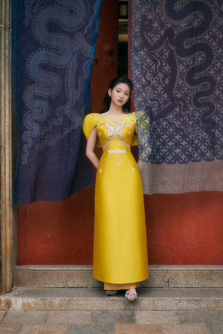 Apricot Fitted Cape Sleeved Taffeta Long Length Ao Dai MEAN BLVD