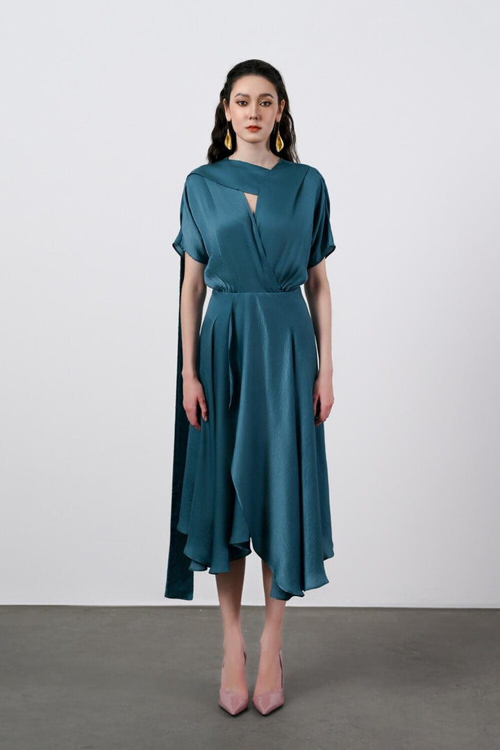 Ariel Asymmetric V-Neck Silk Midi Dress MEAN BLVD