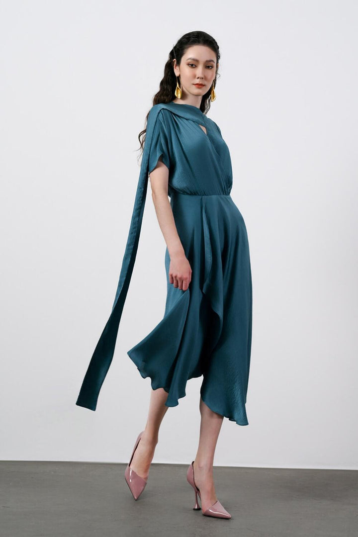 Ariel Asymmetric V-Neck Silk Midi Dress MEAN BLVD
